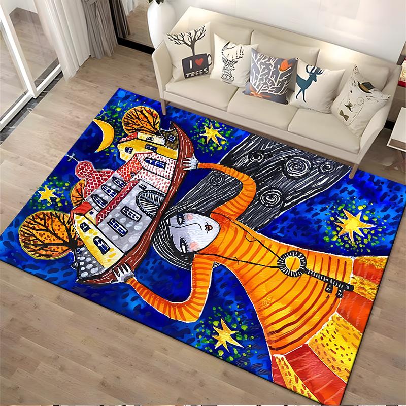 Colorful Abstract Art Carpet Featuring Woman Holding a House Scene Suitable for use as an anti-slip for living room bedroom sofas