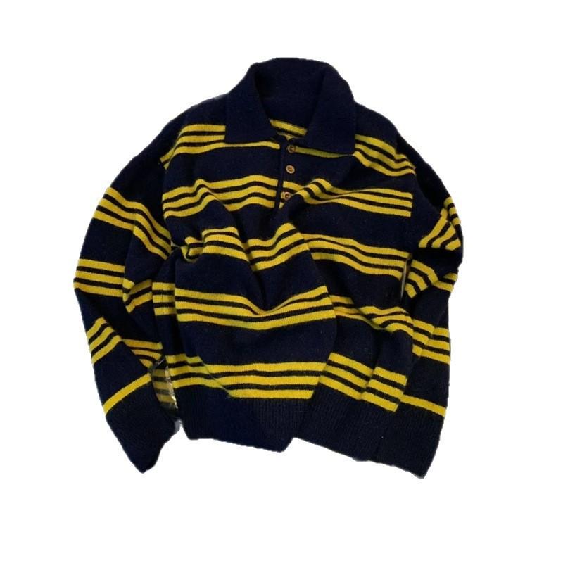 Womens Loose Long Sleeve Polo Neck Knit Sweater Striped Colorblock Casual Top Fall 2025
