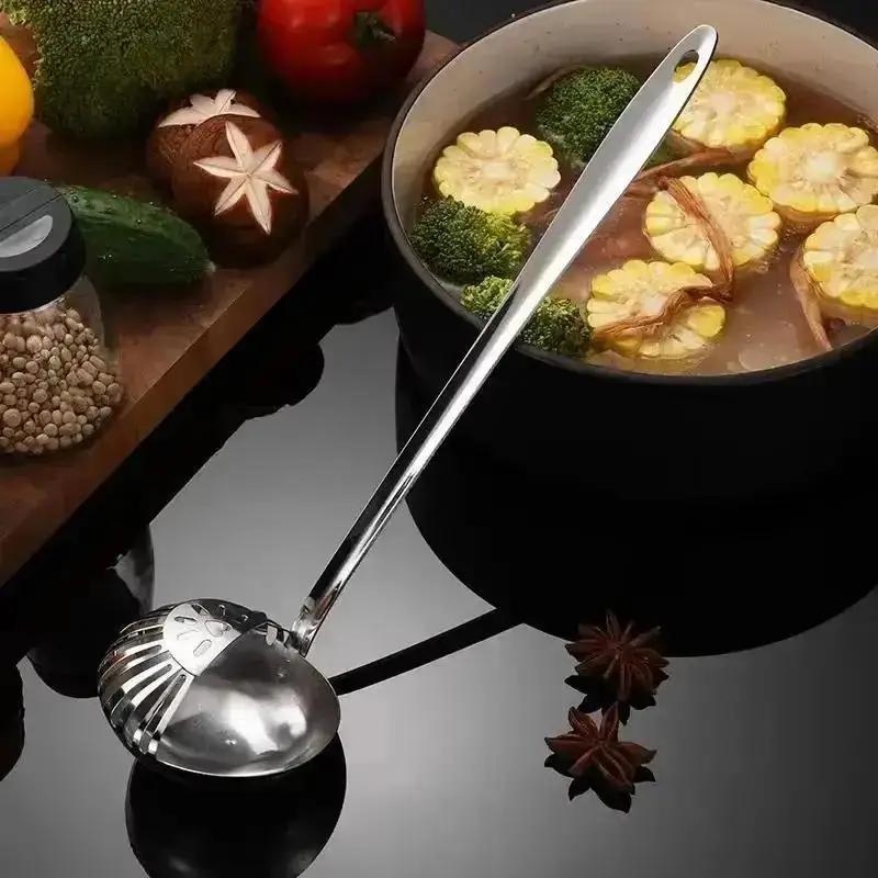 Kitchen Tableware Dual-use Soup Spoon Long Handle Stainless Steel Soup Ladle with Removable Filter Colander Utensils Scoop