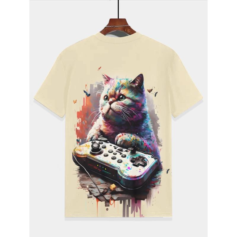 Short Sleeve T-shirt for a Boy Korean Cute Fluffy Gamer Cat Children's Clothes 2024 Kids Spring Clothes Tops Top Shirts T-shirty