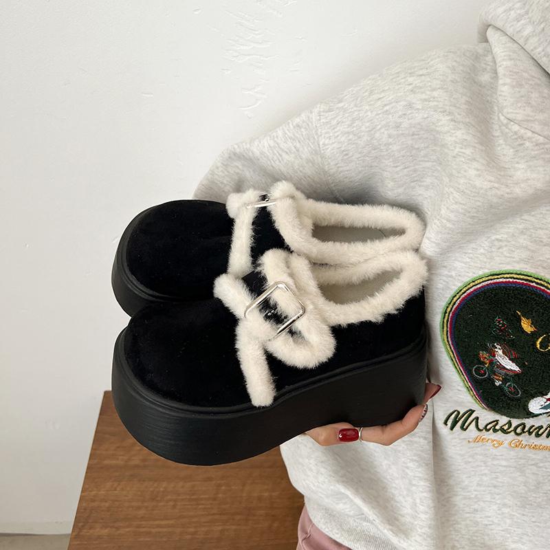 Automne Hiver Fourrure Femmes Bottes de Neige Élégantes Boucle Chaussures à Semelles Compensées Dames Extérieur Chaud Coton Bottines Courtes