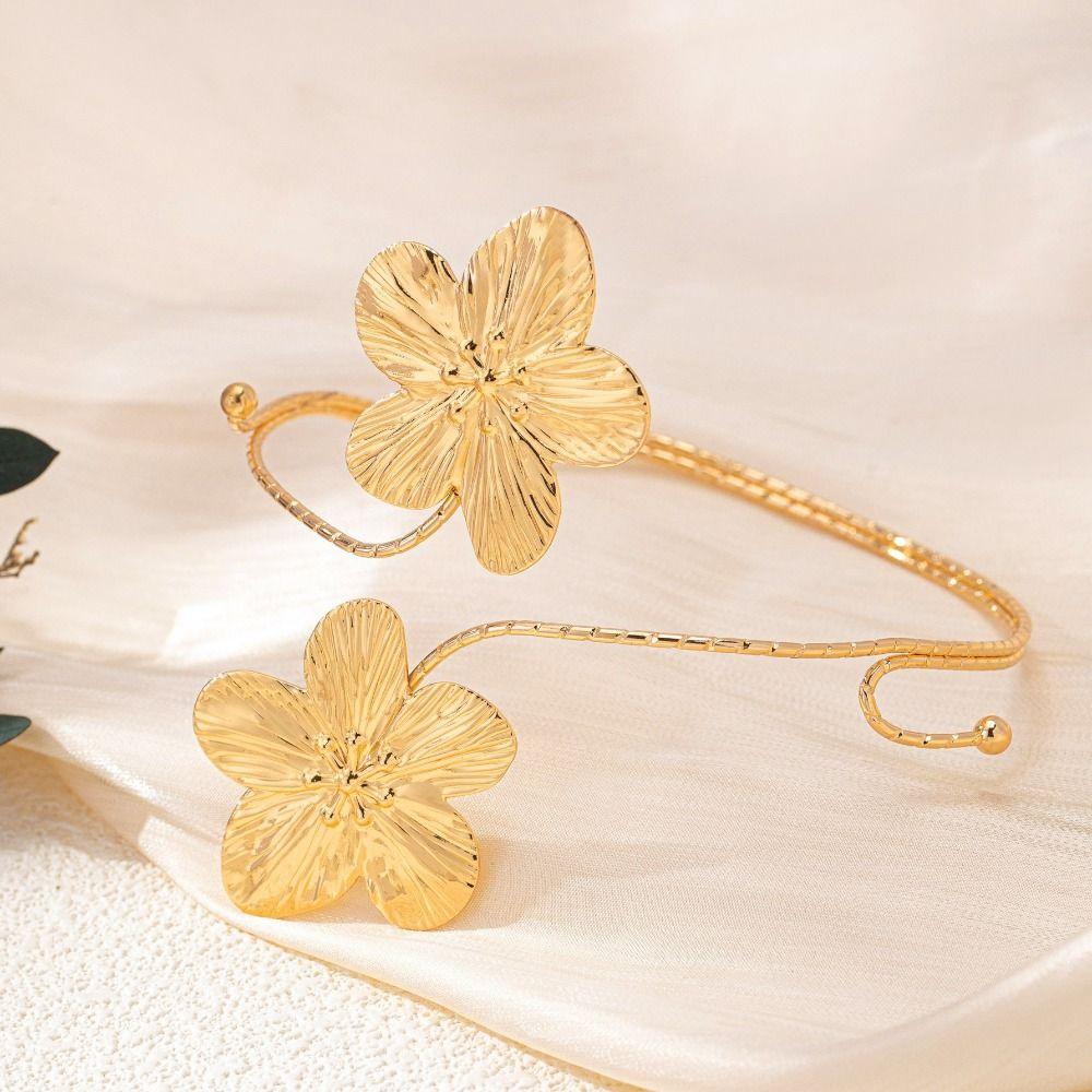 Gold Color Opening Arm Bracelet Metal Flower Bracelet Elegant Wide Open Bangle  Party Occasion