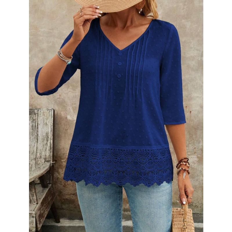 

YYFS Женские модные повседневные блузки и рубашки с принтом однотонного цвета, летние, весенние, с рукавами 1/2 и V-образным вырезом XL синий