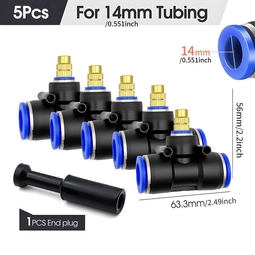Brass Misting Nozzle with Tee Adapter Adjustable Atomizer Sprayer Outdoor Garden Irrigation Watering 6/8/10/12/14/16mm PE Tubing