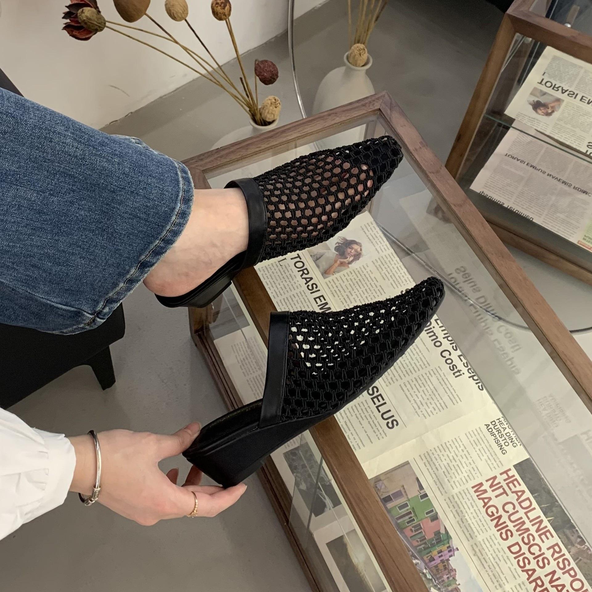 Versatile Woven Breathable One-Pedal Roman Single Shoes Square Head Retro Niche Bag Head Half Slippers Women 35