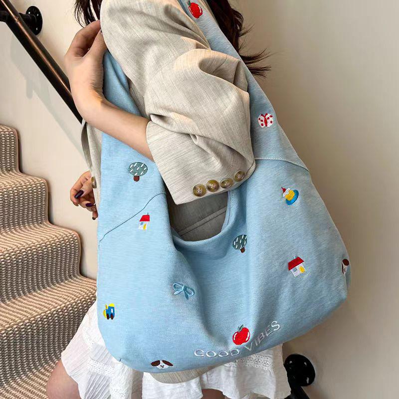 Korean Embroidered Denim Tote Bag Women'S  Sle Large Capaci Commuter Denim Oulder Crossbody Bag Tote Bag