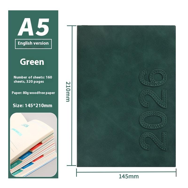 

1 Pcs English Version Portable A5 2026 Agenda Book Planner Reminder Textured PU Daily Planner To Do List Calendar Book зелений