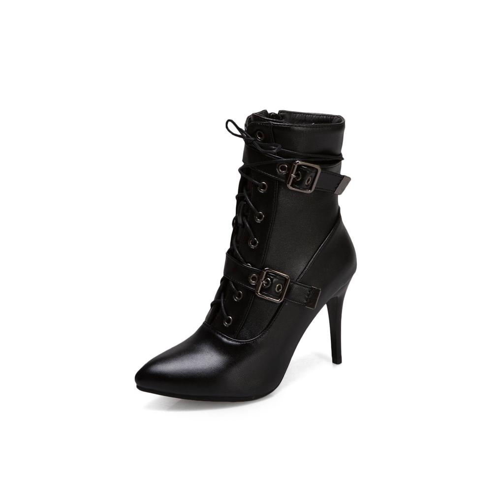 Short Boots High Heel Belt Buckle European and American Straps Large Size  Boots Thin Heel Pointed