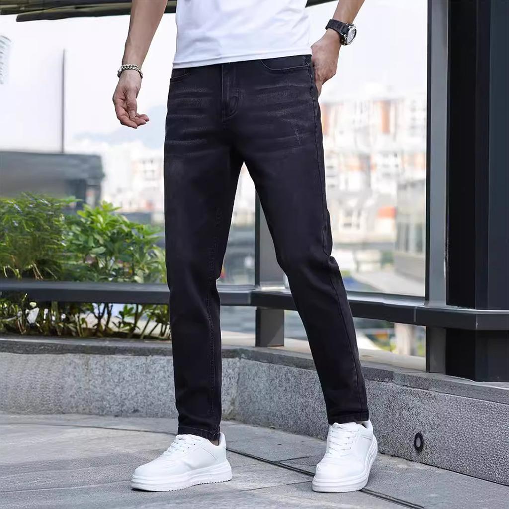 Men's Casual Small Straight Jeans Pants Fashion Wide Leg Pants Solid Color Jeans