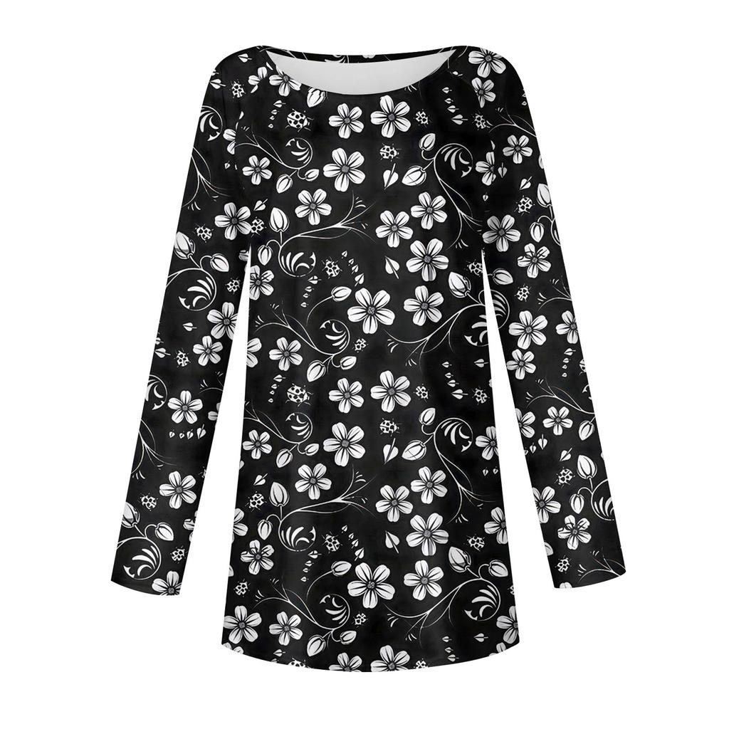 Kvinners uformelle plussstørrelse Langermet rundhals trykt T-skjorte topp genser