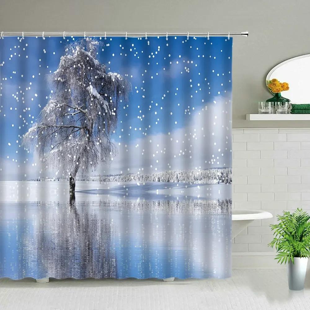 Winter Snow Scene Shower Curtains Trees Natural Scenery 3D Print Waterproof Bathroom Decor Home Bathtub Polyester Curtain Set