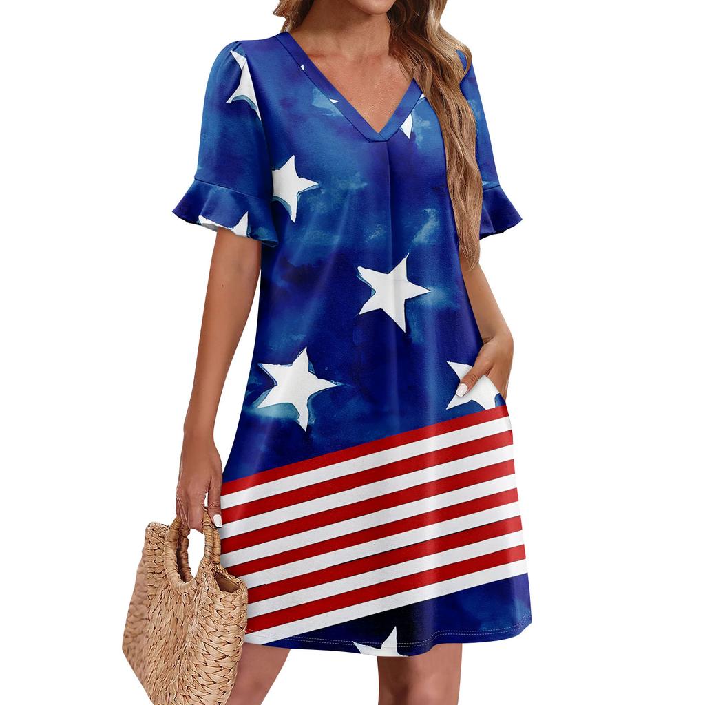 Summer Dresses For Women V Neck Ruffle Short Sleeve Casual Loose  Independence Printing Dress Beach Dress With Pockets