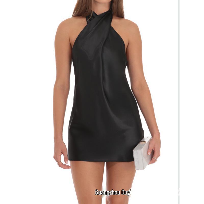 European & American Style Black Halter Neck Sleeveless Slim Fit Short Dress Large чёрный