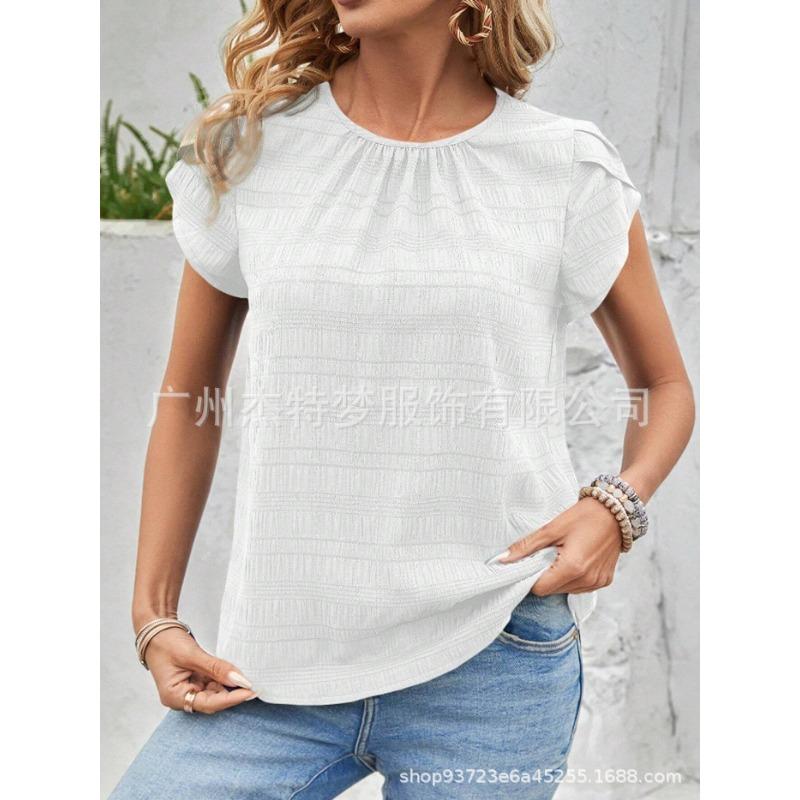 Damen Frühling und Sommer Neue Rundhals Blütenblatt Ärmel Temperament Kurzarm Tops