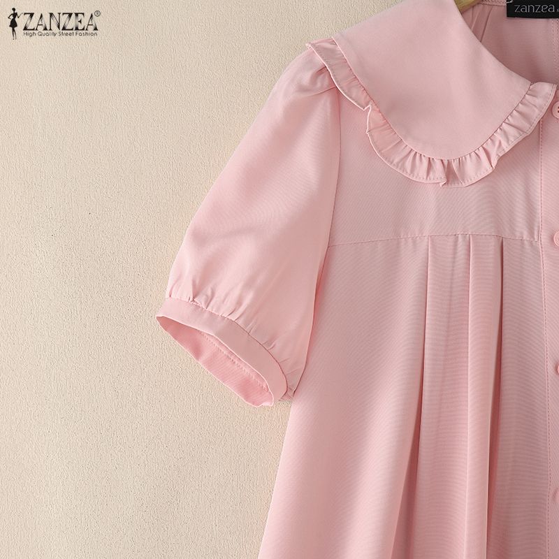ZANZEA Abito casual da donna a maniche corte con colletto rovesciato tinta unita