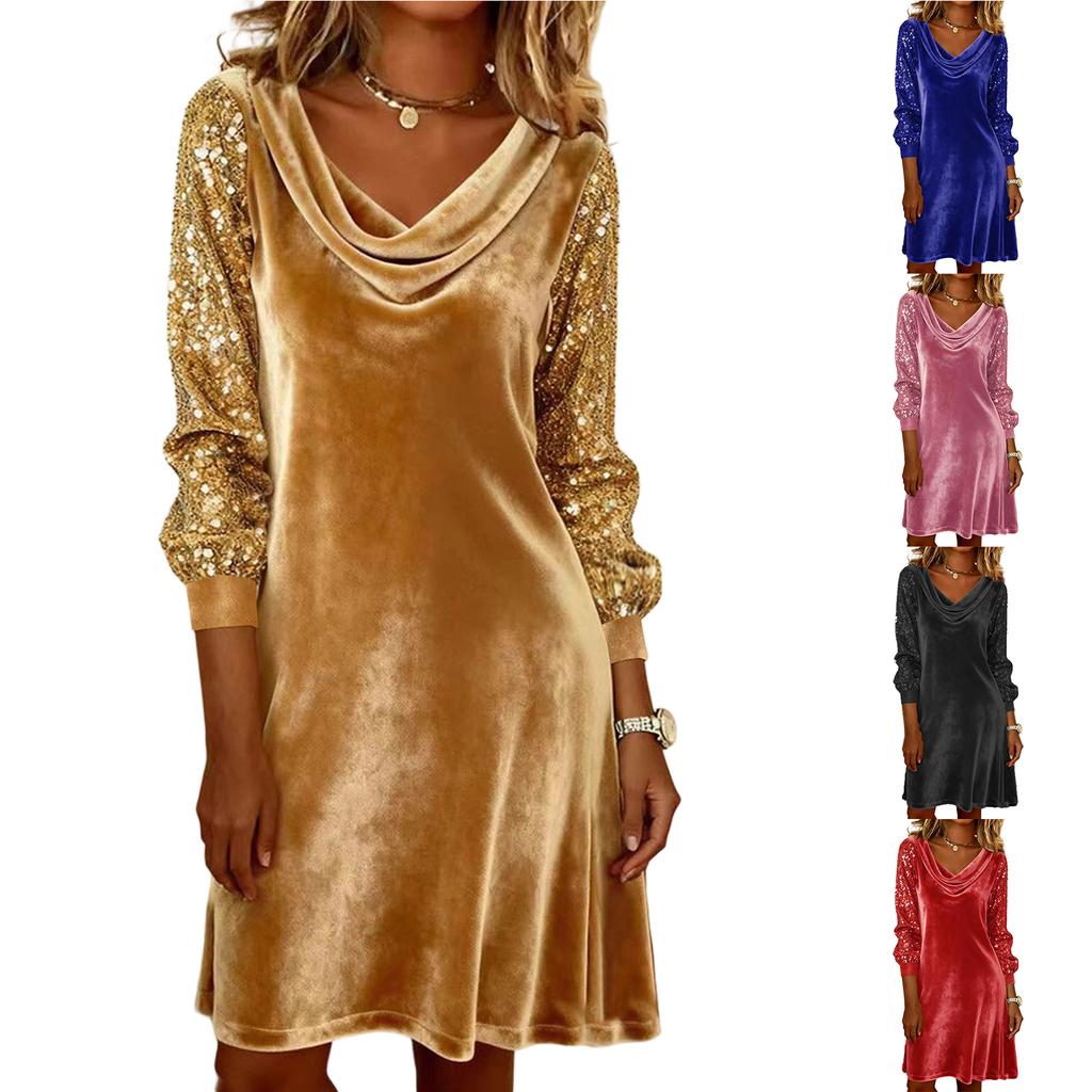 Ladies' Fashionable Casual Sequin Splicing Long Sleeved Fashionable Sexy Temperament Dress