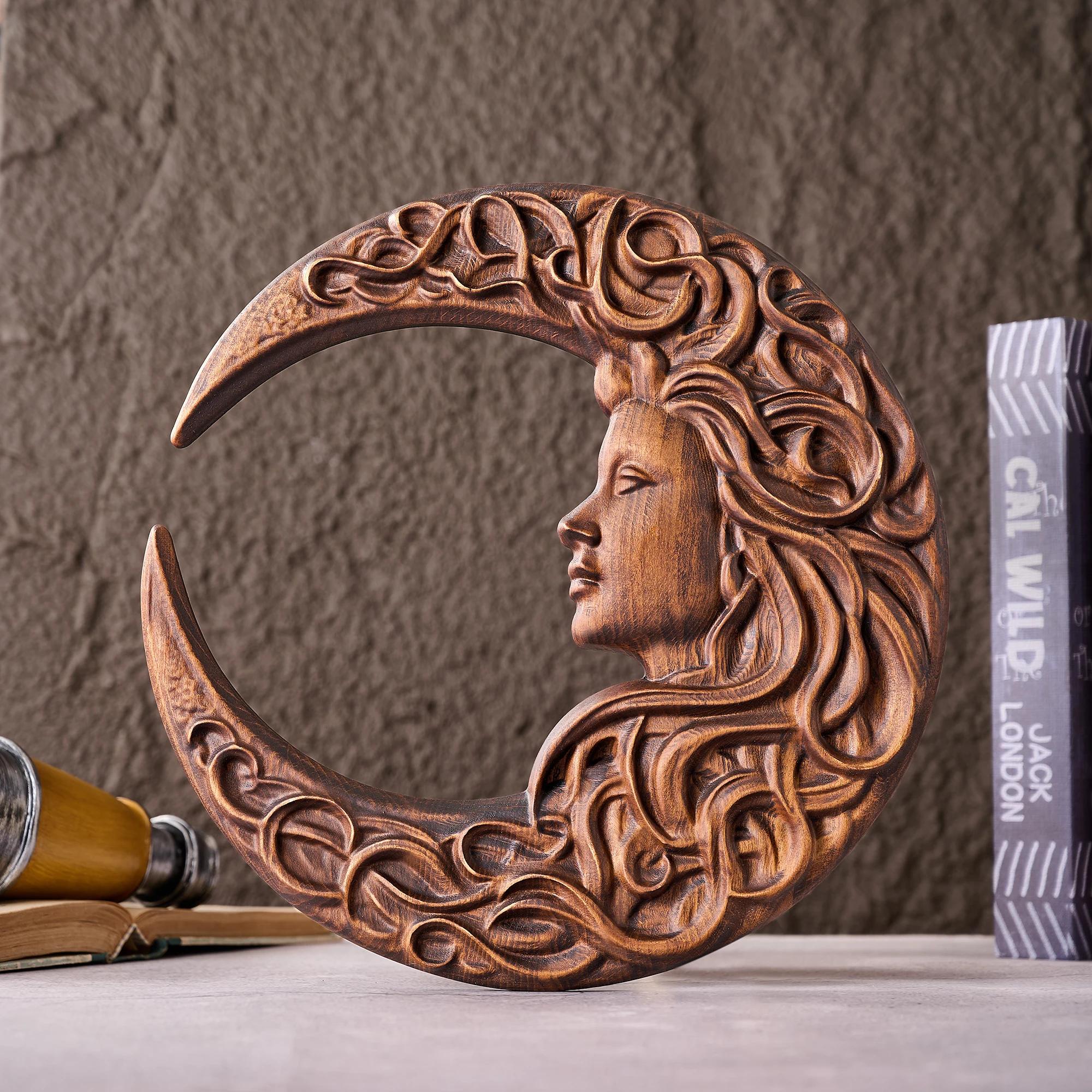 Handmade Crescent Moon Woman Face Wood Carving Wall Decor,Boho Rustic Moon Goddess Sculpture