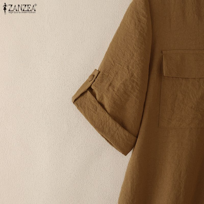 ZANZEA Women Casual Round Neck Loose Ruffles Hem Solid Color Half Sleeve Dress