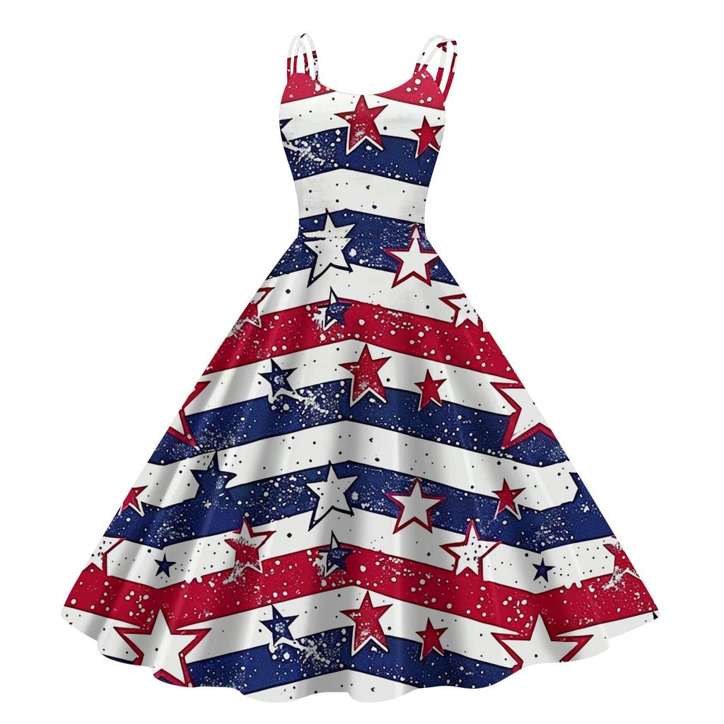 Sleeveless Dress with Star Pattern and Adjustable Spaghetti Straps for Women Summer Casual Wear