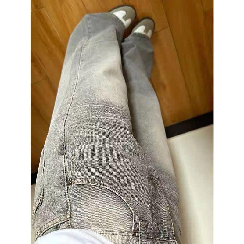 Women's Trendy Vintage Washed Grey Tie-Dye Micro-Flare Jeans with Loose Casual Straight Leg Drape
