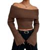 Womens Cropped Off-Shoulder Knit Sweater Slim Fit Long Sleeve Pullover In Acrylic - White Gray Brown