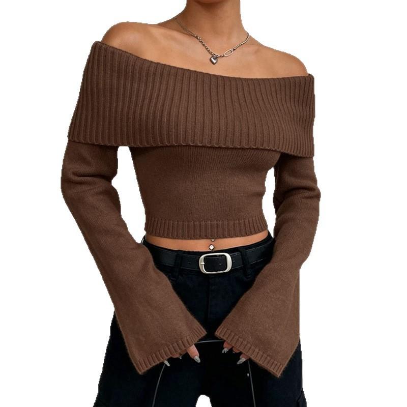 Womens Cropped Off-Shoulder Knit Sweater Slim Fit Long Sleeve Pullover In Acrylic - White Gray Brown