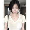 Old money V-neck pullover loose and thin round neck short-sleeved T-shirt women's summer chest width slim and thin versatile top