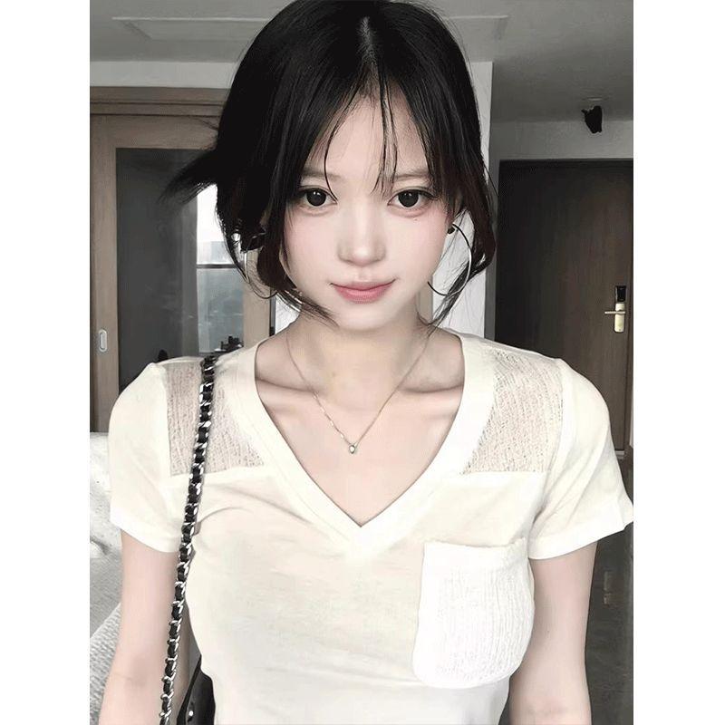 Old money V-neck pullover loose and thin round neck short-sleeved T-shirt women's summer chest width slim and thin versatile top
