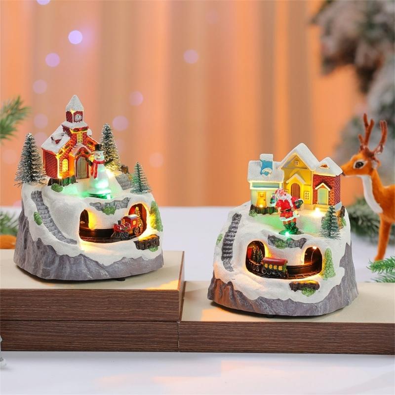 LED Light Christmas Village Scene with Santa/Tree Musical Lighted Christmas Collection Figurines for Home Decors