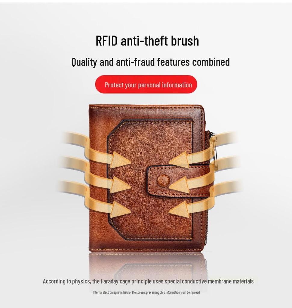 Męski Portfel z Prawdziwej Skóry z Zamkiem Błyskawicznym, Chroniący przed Kradzieżą i RFID