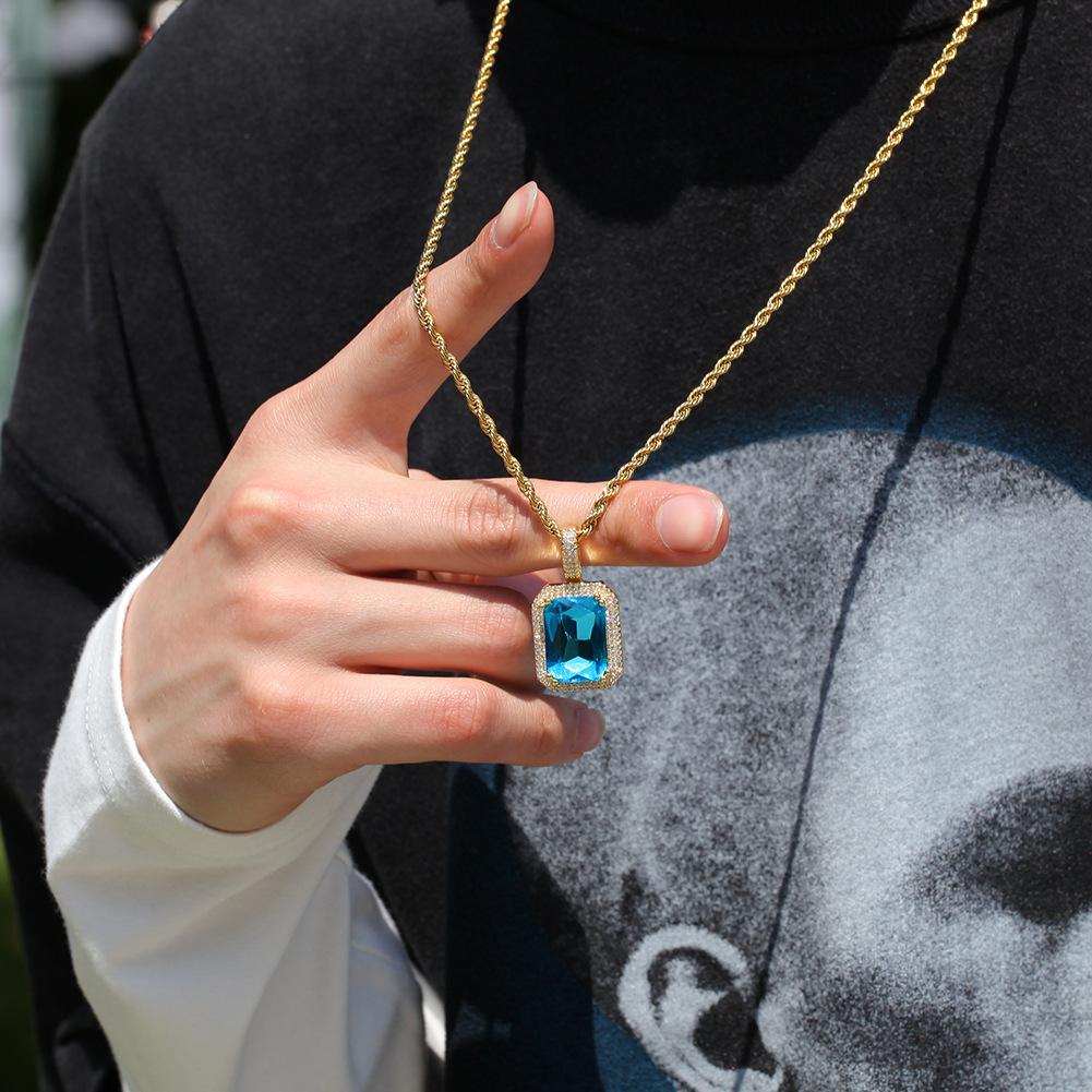 Hip Hop Trendy Brand Colorful Square Solid Retro Pendant Necklace Personalized Diamond Ins Style New Product