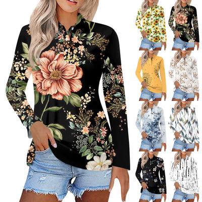 Koszula damska z długim rękawem i klapami w stylu casual z nadrukiem, zapinana na guziki