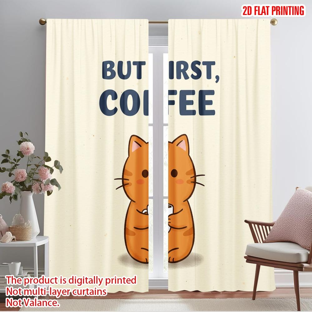 

2pcs 2D flat printing Party Curtains But First Coffee Cat 100% Polyester Fabric Without Electricity Holiday Decorations Perfect 52.50×116.00 CM 2pcs