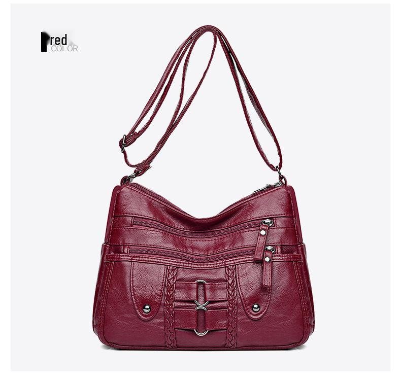 Koreanische Damen Umhänge-Schultertasche aus gewaschenem Leder mit großem Fassungsvermögen - Neue Mode, Mehrschichtig, Schlichtes Design für Mütter