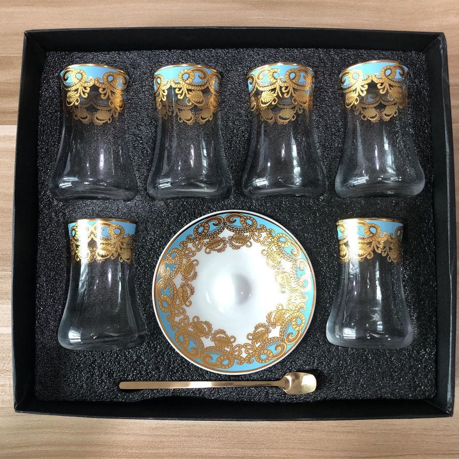 6 Ensembles Tasses à Thé Turques Tasses Ensemble Soucoupes avec Cuillère Tasse à Café Romantique Exotique Tasse à Thé en Verre Décoration de Cuisine Boîte Cadeau
