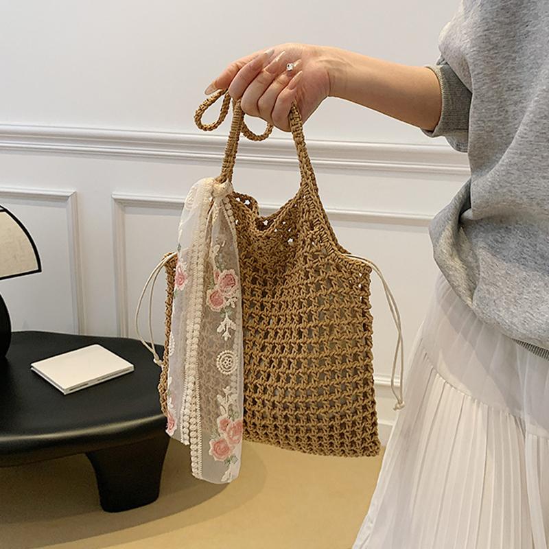 Summer Hollow Woven Shoulder Bags Women's New Casual Beach Bag Versatile Lace Design Commuting Shoulder Tote Bag AVE