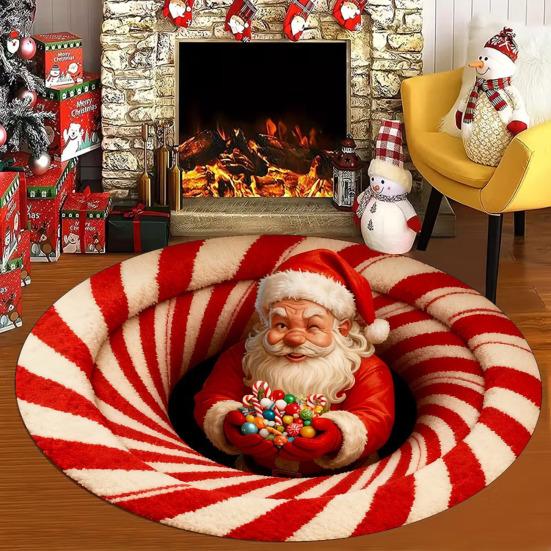 Christmas 3D Rug Optical Illusion Santa Claus Round Floor Mat Non-Slip Xmas