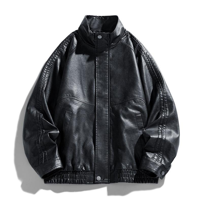 New Fattened Plus Size Leather Jacket Men's PU Leather Tooling Large Size Leather Jacket Men's Stand-Up Collar Locomotive Douyin Cross