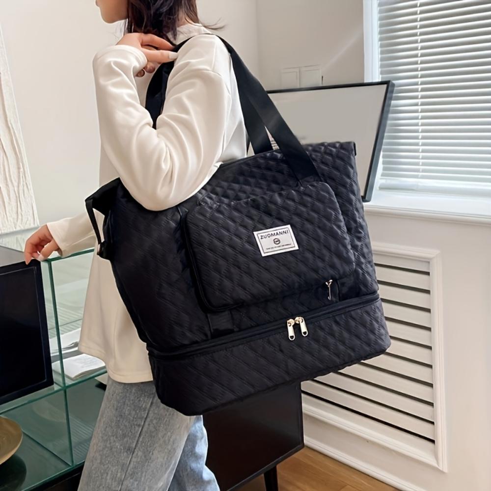 Large Capacity Foldable Travel Bag with Wet/Dry Separation, Diamond Quilted Nylon Tote for Gym, Yoga and Ladies Shoulder Bag - Hand Washable