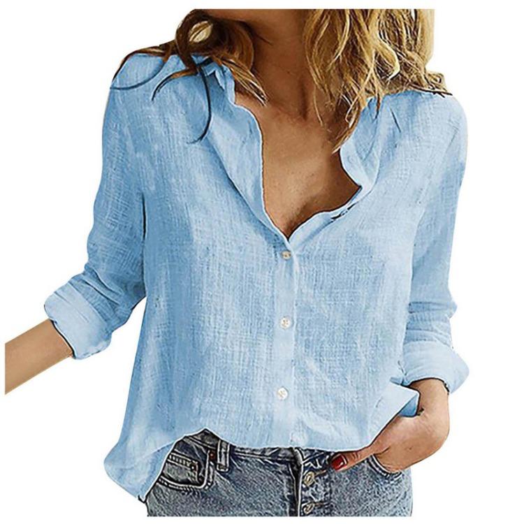 Blusa Casual de Lino para Mujer Ajuste Holgado Manga Larga Color Sólido Solapa Camisa con Botones Tops