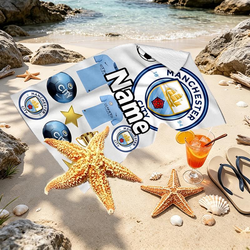 Custom Name Personalized Manchester City FC Print Beach Towel, for Trip Camping Beach Party Home Decor, Birthday Gift for Family & Friends