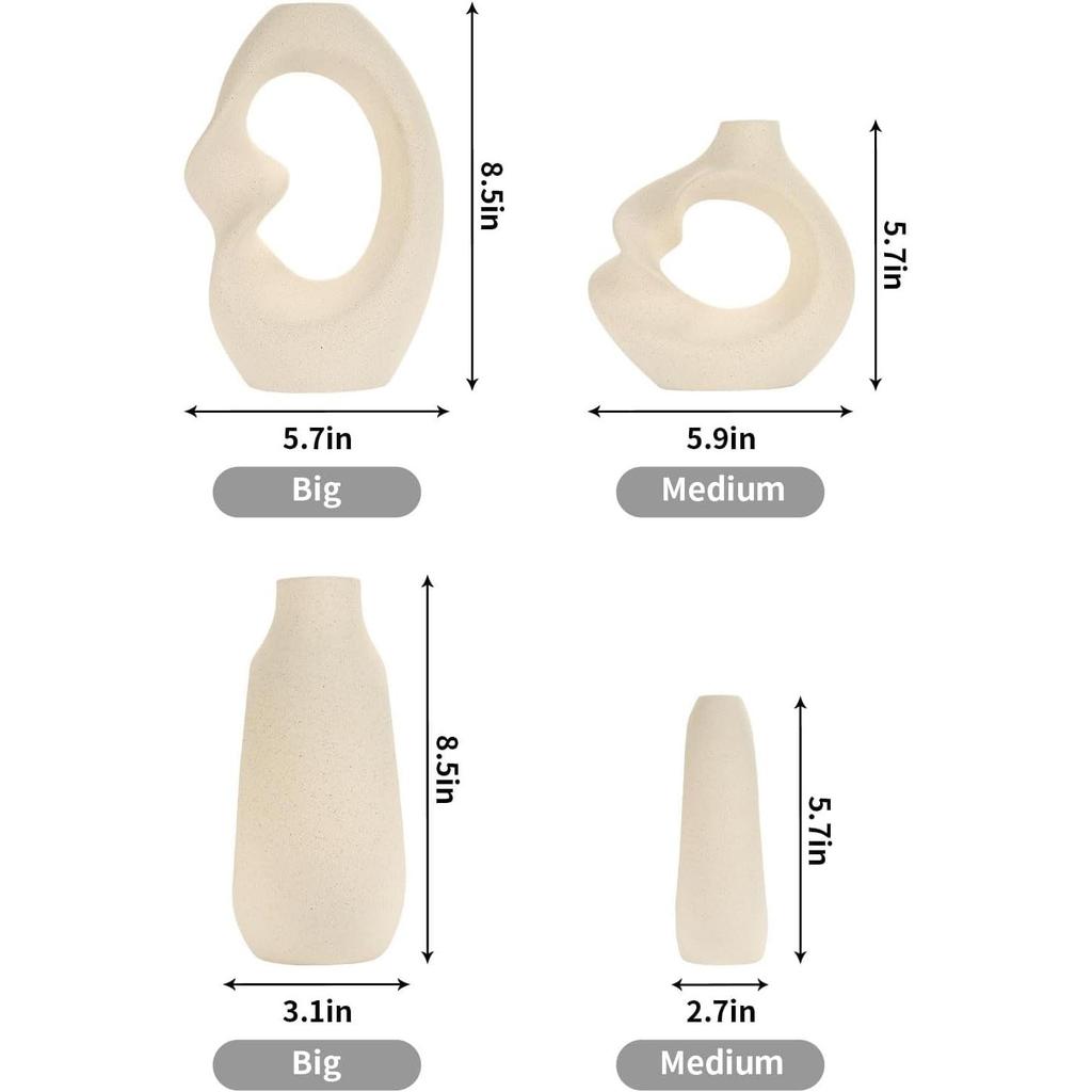 Unique White Ceramic Donut Vase 8.5 & 5.7 Inch - Set of 2 | Decorative Donut Vase for Dried Flowers & Pampas Grass