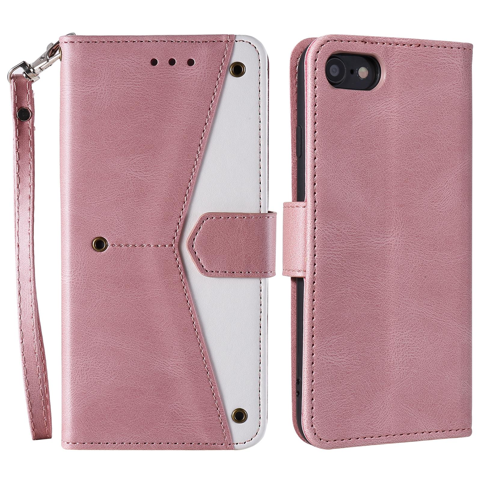 

For iPhone 16e Leather Case Splicing Stitching Wallet Phone Cover with Wrist Strap Rose Gold