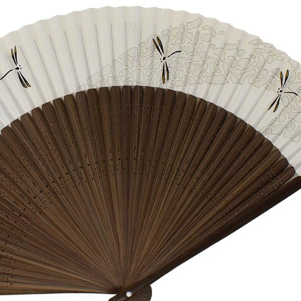 Folding Kyoto Made In Carved Karaki Large Short Pearlescent Dragonfly Fan, Style, Japan, High-quality Wood, Length, Background, Design.
