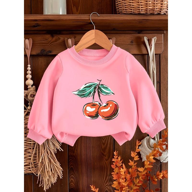 European sizes Cherry Print Pattern, Durable And Wrinkle-Resistant Thin Round-Neck Sweatshirt for  Kids Aged 0-3 Years