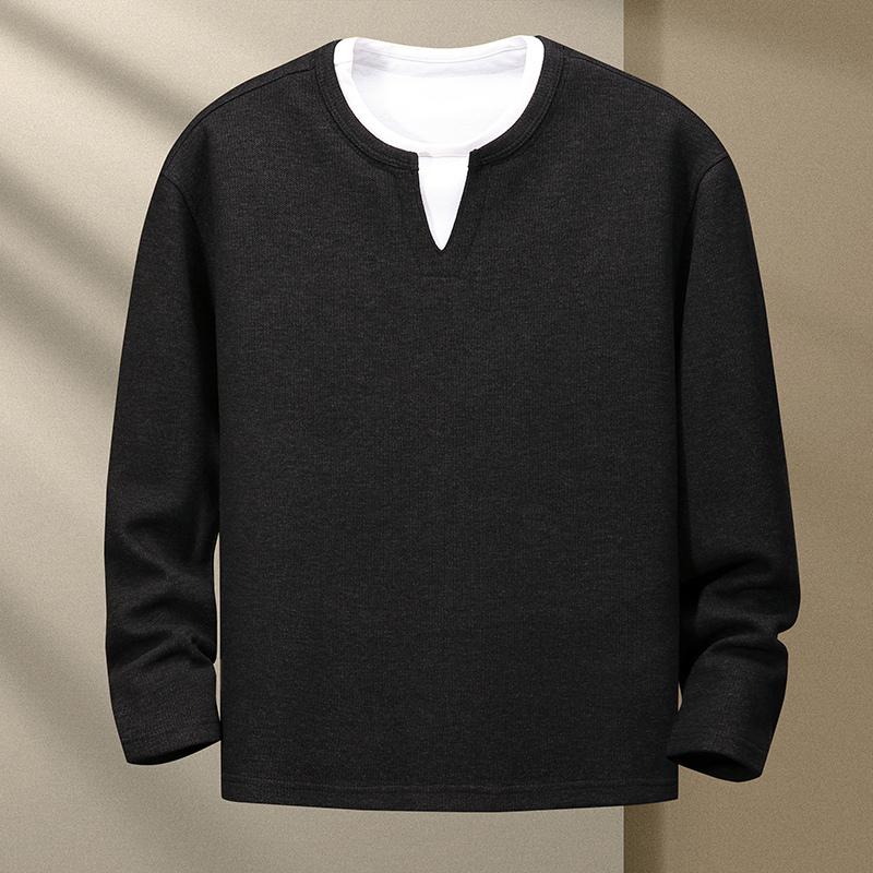 Men's Autumn Winter Pullover Contrasting Color Fake Two-piece Round Neck Long-sleeved Casual Fashion Shirt T-shirt Top