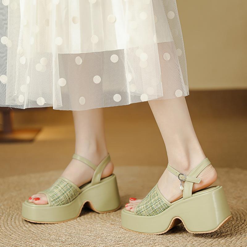 Sandals Women's Slope Heel Small Man Thick Sole Height Increase 7cm One-word Buckle Belt Summer Women's Shoes Celebrity Wind Waterproof Table Open Toe