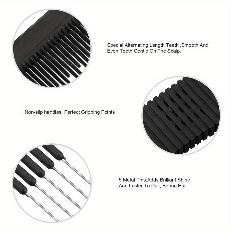 Carbon Lift Teasing Combs with Metal Prong Hair Pick Comb for Women Hair Styling Black