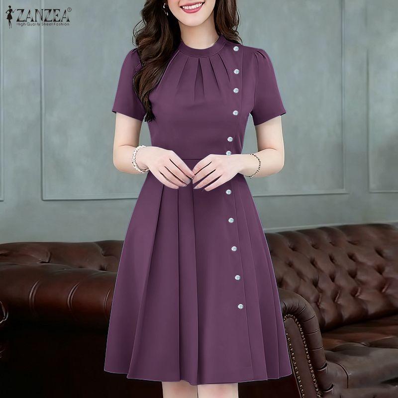 ZANZEA Women Casual Round Neck Summer Short Sleeve Dress