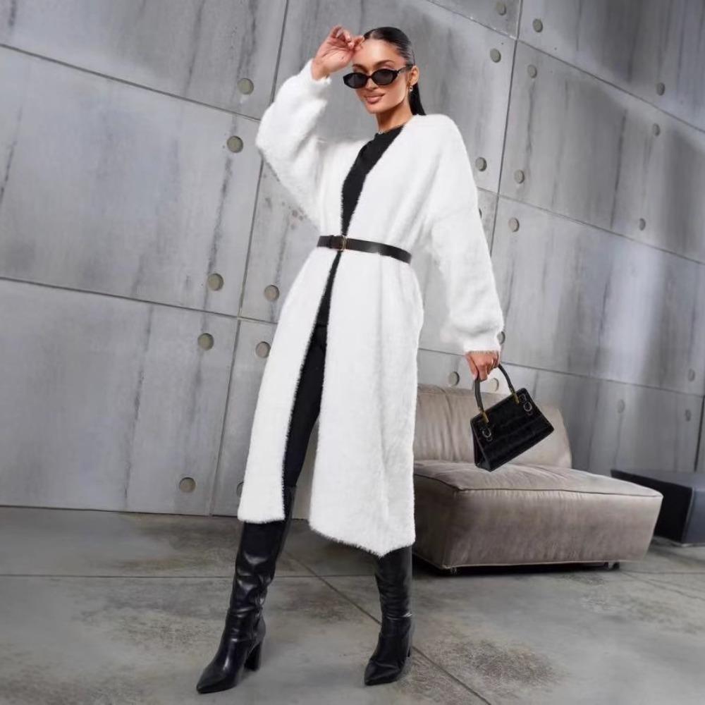 Faux Mink White Knit Cardigan Coat Women Autumn Winter Loose Fluffy Long Oversized Fuzzy Plush Sweater Jacket